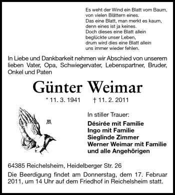 Traueranzeige von Günter Weimar von Odenwälder Echo