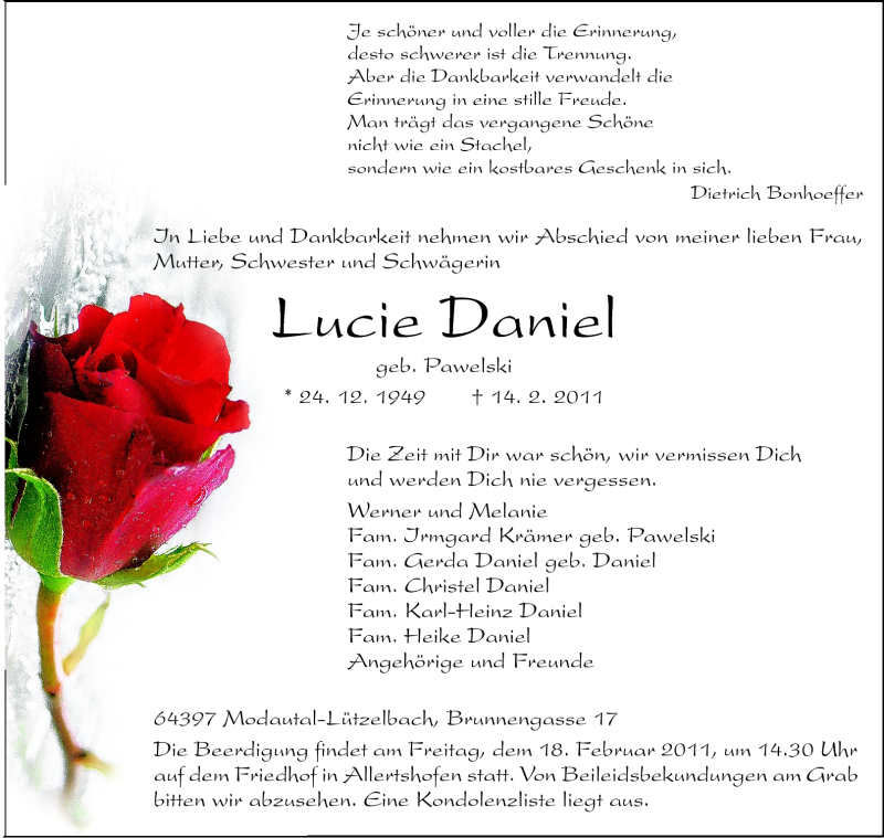  Traueranzeige für Lucie Daniel vom 16.02.2011 aus Echo-Zeitungen (Gesamtausgabe)