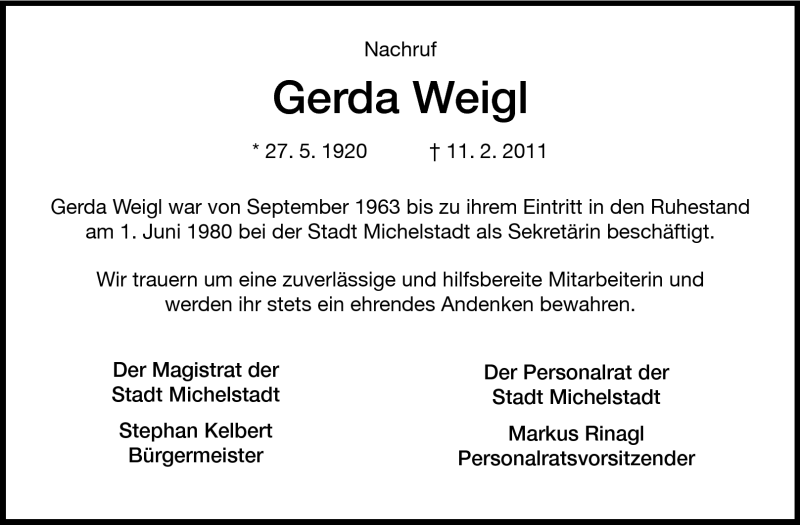  Traueranzeige für Weigl Gerda vom 16.02.2011 aus Odenwälder Echo