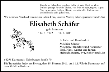 Traueranzeige von Elisabeth Schäfer von Echo-Zeitungen (Gesamtausgabe)