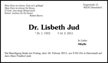 Traueranzeige von Dr.Lisbeth Jud von Darmstädter Echo, Odenwälder Echo, Rüsselsheimer Echo, Groß-Gerauer-Echo, Ried Echo