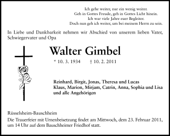 Traueranzeige von Walter Gimbel von Rüsselsheimer Echo, Groß-Gerauer-Echo, Ried Echo