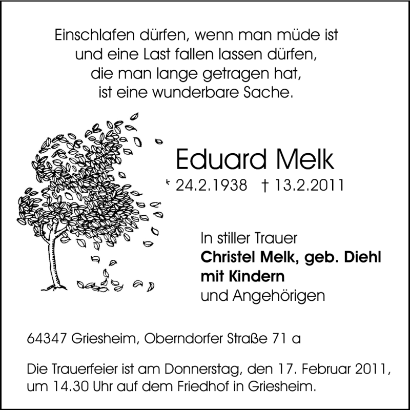  Traueranzeige für Eduard Melk vom 17.02.2011 aus Echo-Zeitungen (Gesamtausgabe)