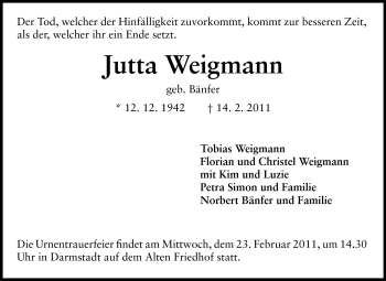 Traueranzeige von Jutta Weigmann von Darmstädter Echo, Odenwälder Echo, Rüsselsheimer Echo, Groß-Gerauer-Echo, Ried Echo