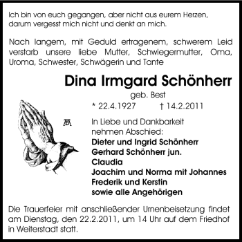 Traueranzeige von Dina Irmgard Schönherr von Echo-Zeitungen (Gesamtausgabe)