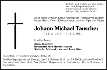 Traueranzeige von Johann Michael Tauscher von Rüsselsheimer Echo, Groß-Gerauer-Echo, Ried Echo