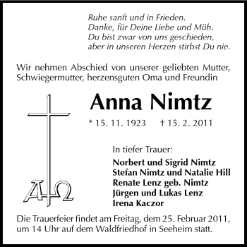 Traueranzeige von Anna Nimtz von Echo-Zeitungen (Gesamtausgabe)