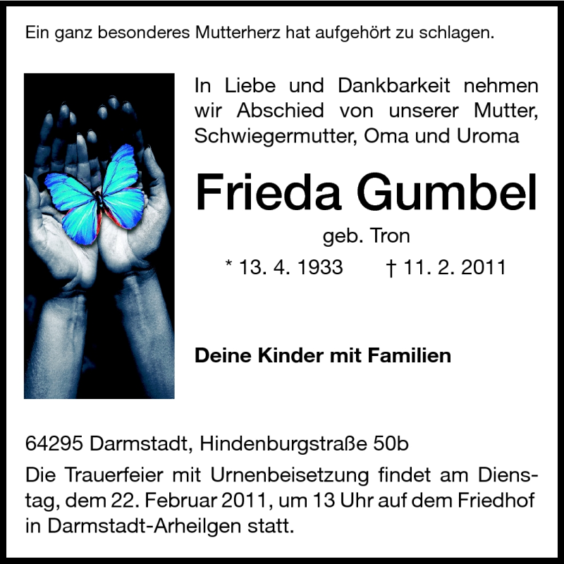  Traueranzeige für Frieda Gumbel vom 19.02.2011 aus Echo-Zeitungen (Gesamtausgabe)