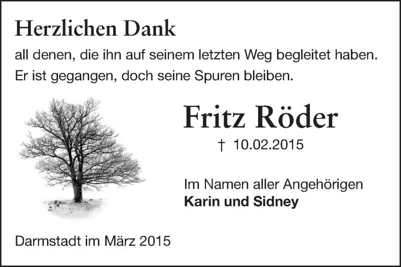  Traueranzeige für Fritz Röder vom 14.03.2015 aus Echo-Zeitungen (Gesamtausgabe)