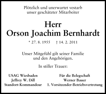 Traueranzeige von Orson Joachim Bernhardt von Echo-Zeitungen (Gesamtausgabe)