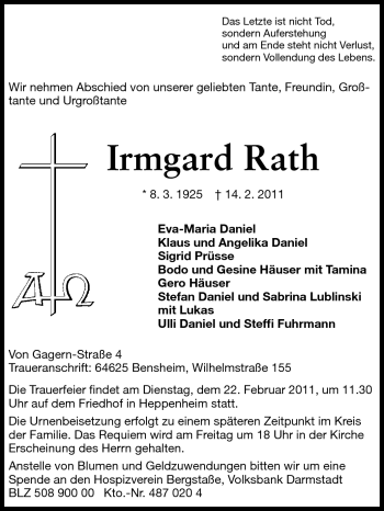Traueranzeige von Irmgard Rath von Starkenburger Echo
