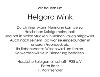 Traueranzeige von Helgard Mink von Echo-Zeitungen (Gesamtausgabe)