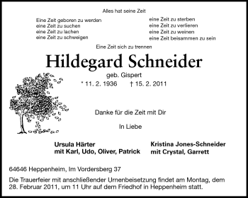 Traueranzeige von Hildegard Schneider von Starkenburger Echo