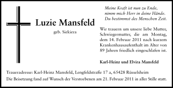 Traueranzeige von Luzie Mansfeld von Rüsselsheimer Echo, Groß-Gerauer-Echo, Ried Echo