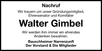 Traueranzeige von Walter Gimbel  von Rüsselsheimer Echo, Groß-Gerauer-Echo, Ried Echo