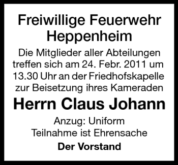 Traueranzeige von Claus Johann von Starkenburger Echo