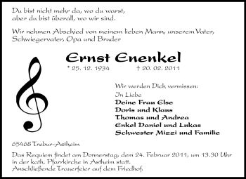 Traueranzeige von Ernst Enenkel von Rüsselsheimer Echo, Groß-Gerauer-Echo, Ried Echo