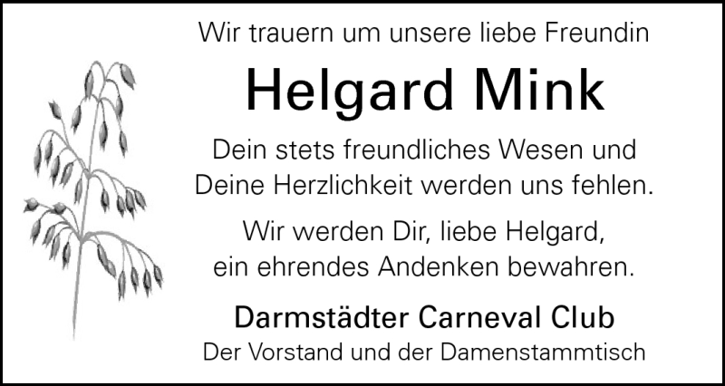  Traueranzeige für Helgard Mink vom 22.02.2011 aus Echo-Zeitungen (Gesamtausgabe)