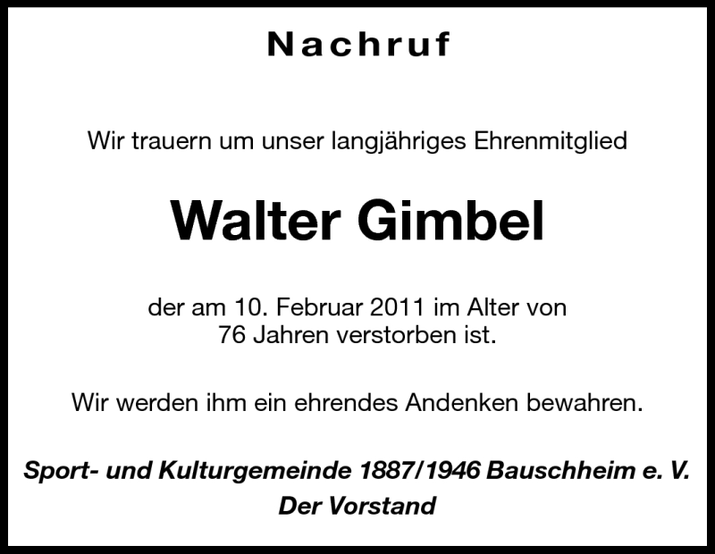  Traueranzeige für Walter Gimbel vom 25.02.2011 aus Rüsselsheimer Echo, Groß-Gerauer-Echo, Ried Echo