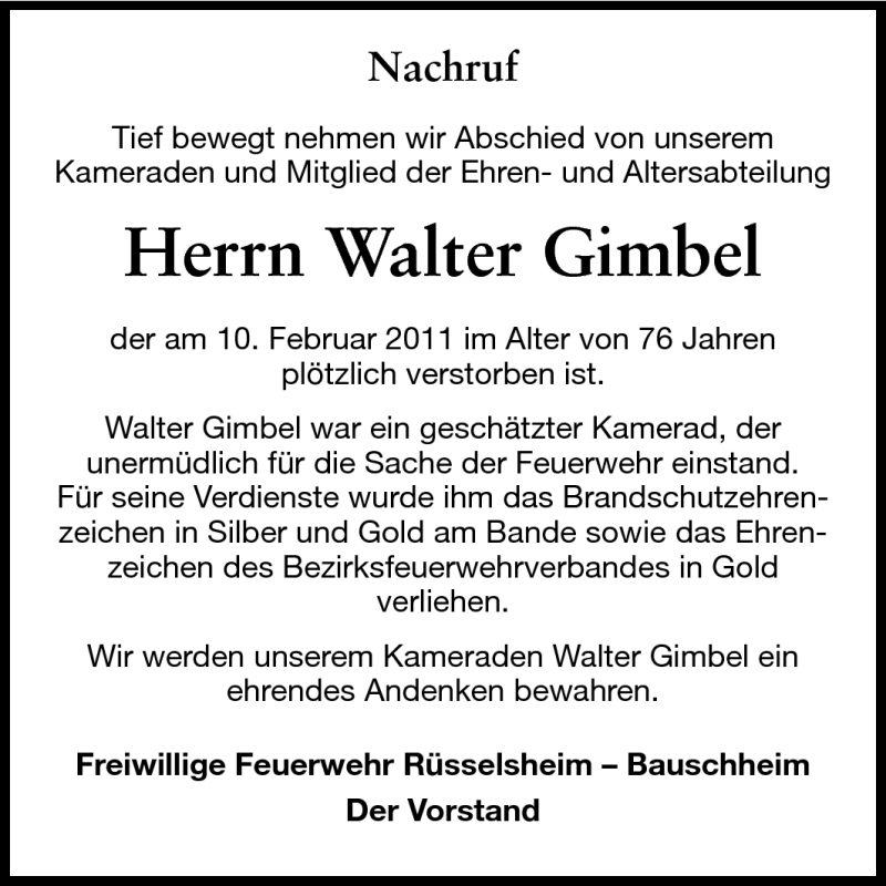  Traueranzeige für Walter Gimbel vom 23.02.2011 aus Rüsselsheimer Echo, Groß-Gerauer-Echo, Ried Echo