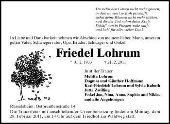 Traueranzeige von Friedel Lohrum von Rüsselsheimer Echo, Groß-Gerauer-Echo, Ried Echo