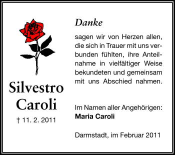 Traueranzeige von Silvestro Caroli von Darmstädter Echo, Odenwälder Echo, Rüsselsheimer Echo, Groß-Gerauer-Echo, Ried Echo