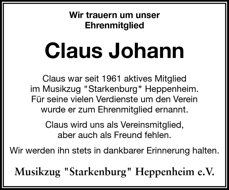  Traueranzeige für Claus Johann vom 23.02.2011 aus Starkenburger Echo