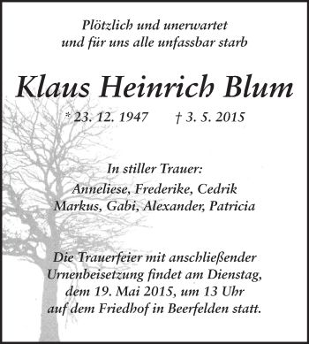 Traueranzeige von Klaus Heinrich Blum von Odenwälder Echo