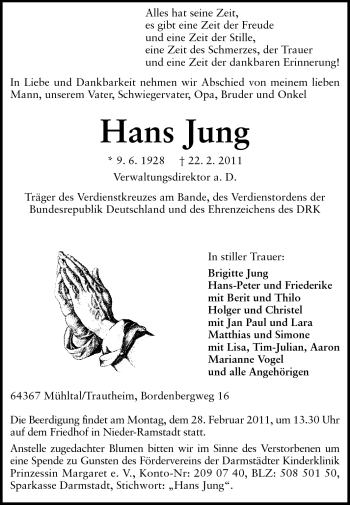 Traueranzeige von Hans Jung von Darmstädter Echo, Odenwälder Echo, Rüsselsheimer Echo, Groß-Gerauer-Echo, Ried Echo