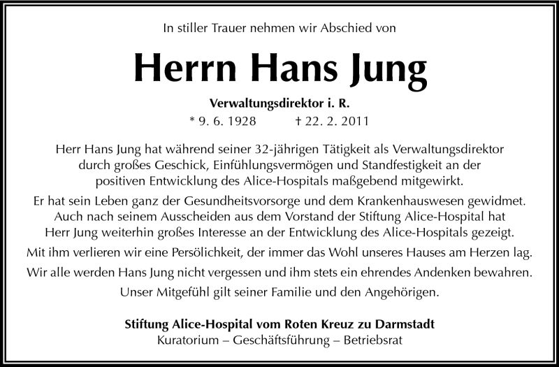  Traueranzeige für Hans Jung vom 24.02.2011 aus Echo-Zeitungen (Gesamtausgabe)