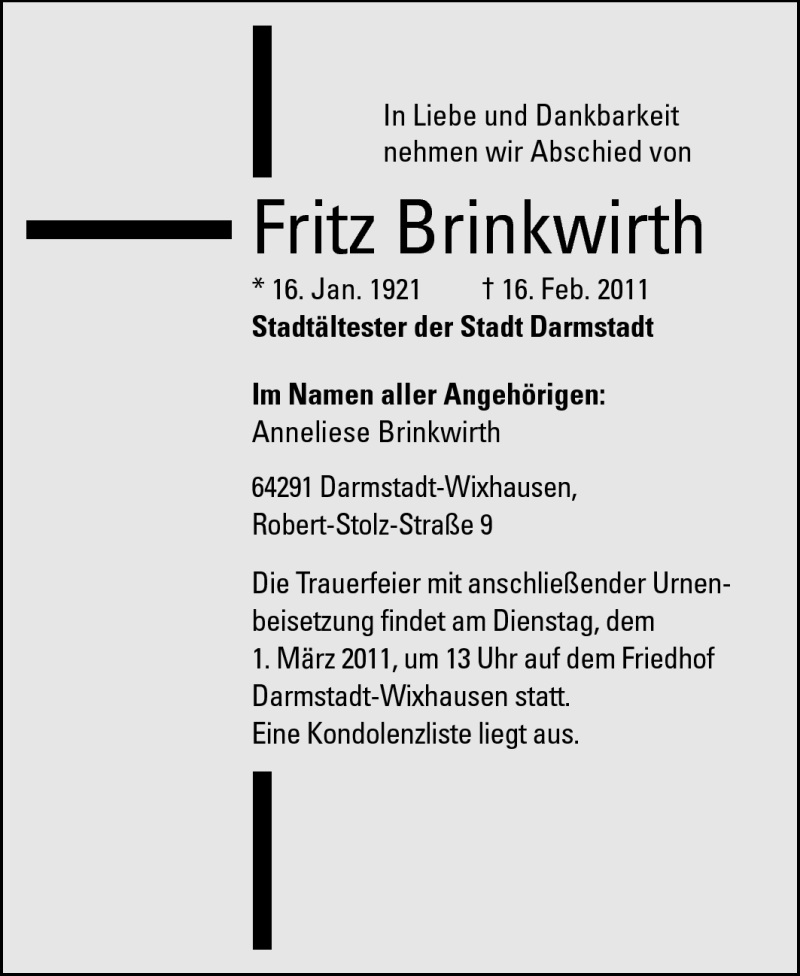  Traueranzeige für Fritz Brinkwirth vom 26.02.2011 aus Echo-Zeitungen (Gesamtausgabe)
