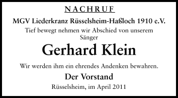 Traueranzeige von Gerhard Klein von Rüsselsheimer Echo, Groß-Gerauer-Echo, Ried Echo
