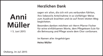 Traueranzeige von Anni Müller von Echo-Zeitungen (Gesamtausgabe)