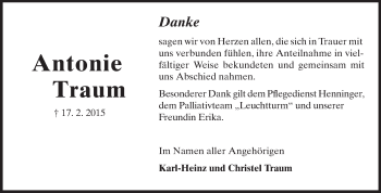 Traueranzeige von Antonie Traum von Rüsselsheimer Echo, Groß-Gerauer-Echo, Ried Echo