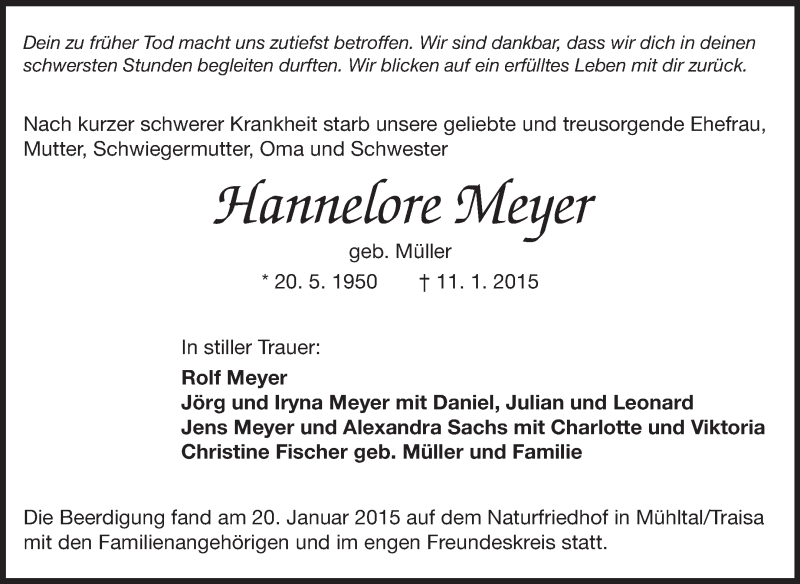 Traueranzeige für Hannelore Meyer vom 24.01.2015 aus Echo-Zeitungen (Gesamtausgabe)