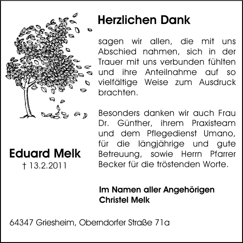  Traueranzeige für Eduard Melk vom 26.02.2011 aus Echo-Zeitungen (Gesamtausgabe)