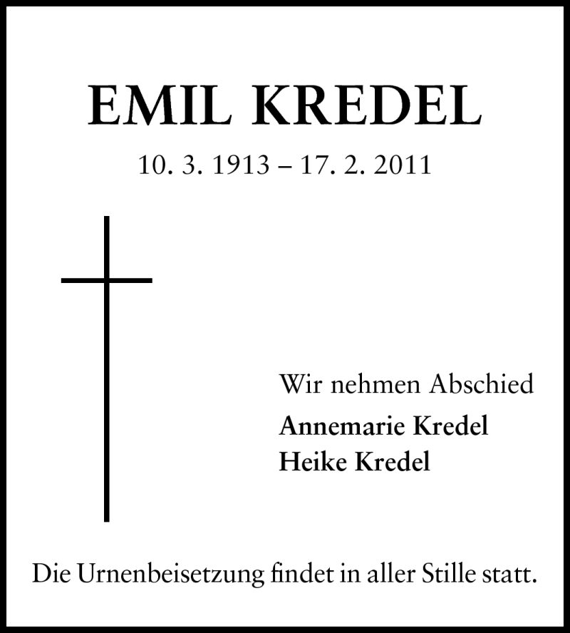  Traueranzeige für Emil Kredel vom 26.02.2011 aus Darmstädter Echo, Odenwälder Echo, Rüsselsheimer Echo, Groß-Gerauer-Echo, Ried Echo