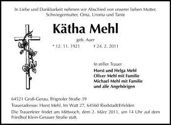 Traueranzeige von Kätha Mehl von Rüsselsheimer Echo, Groß-Gerauer-Echo, Ried Echo