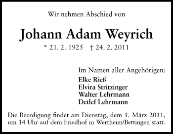 Traueranzeige von Johann Adam Weyrich von Odenwälder Echo