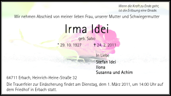 Traueranzeige von Idei Irma von Odenwälder Echo