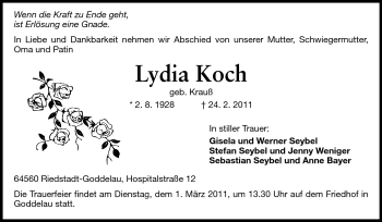 Traueranzeige von Lydia Koch von Rüsselsheimer Echo, Groß-Gerauer-Echo, Ried Echo