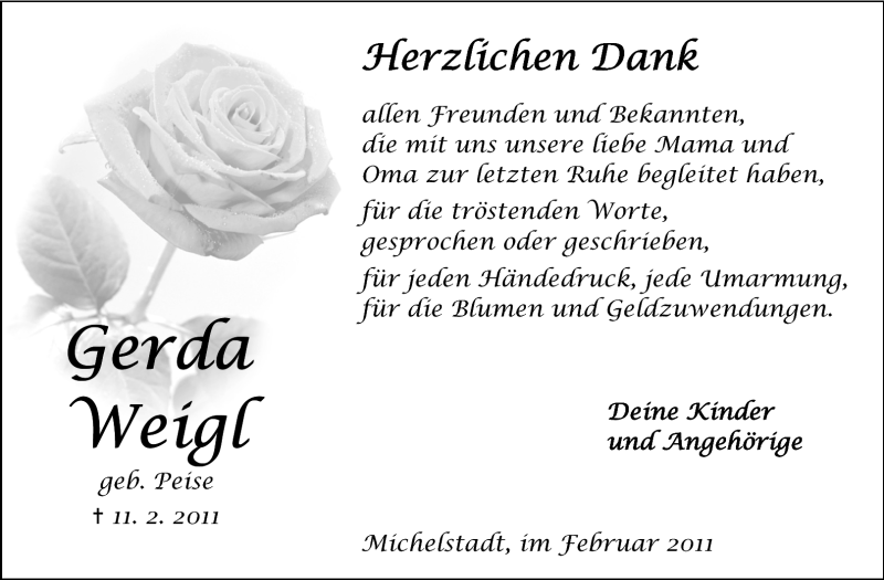  Traueranzeige für Weigl Gerda vom 26.02.2011 aus Odenwälder Echo