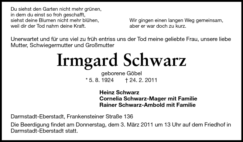  Traueranzeige für Irmgard Schwarz vom 26.02.2011 aus Echo-Zeitungen (Gesamtausgabe)