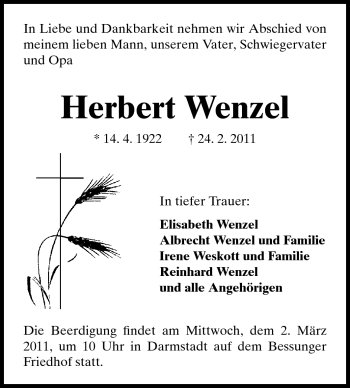 Traueranzeige von Herbert Wenzel von Darmstädter Echo, Odenwälder Echo, Rüsselsheimer Echo, Groß-Gerauer-Echo, Ried Echo