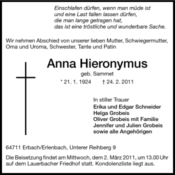 Traueranzeige von Hieronymus Anna von Odenwälder Echo