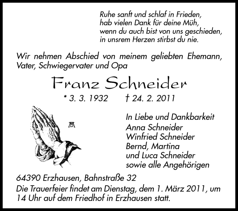  Traueranzeige für Franz Schneider vom 26.02.2011 aus Echo-Zeitungen (Gesamtausgabe)
