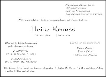 Traueranzeige von Heinz Krauss von Darmstädter Echo, Odenwälder Echo, Rüsselsheimer Echo, Groß-Gerauer-Echo, Ried Echo