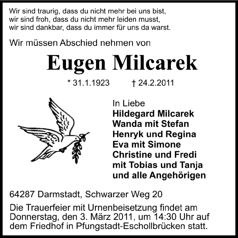  Traueranzeige für Eugen Milcarek vom 28.02.2011 aus Echo-Zeitungen (Gesamtausgabe)