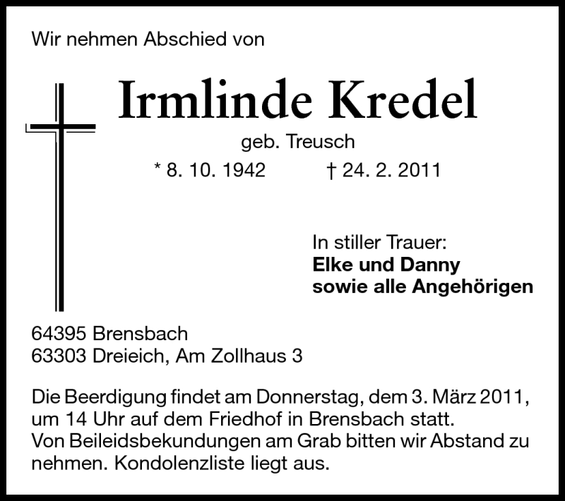  Traueranzeige für Irmlinde Kredel vom 28.02.2011 aus Odenwälder Echo