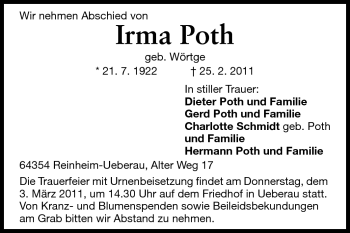 Traueranzeige von Irma Poth von Darmstädter Echo, Odenwälder Echo, Rüsselsheimer Echo, Groß-Gerauer-Echo, Ried Echo